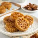 Golden, flower-shaped Moroccan Chebakia cookies coated in honey and sprinkled with sesame seeds, traditionally served during Ramadan.