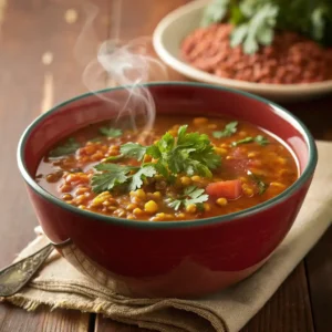 A bowl of traditional Moroccan Harira soup, garnished with fresh herbs, served alongside dates and chebakia pastries, a typical iftar meal during Ramadan